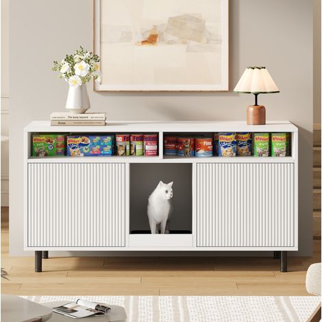 Meuble litière chat 120x50x66 cm en panneaux de bois blanc, avec rangement, salon FloraGrace (1/5)