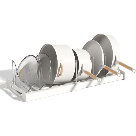 Étagère à casseroles rétractable, rangement de cuisine intégré, étagère sous évier, étagère à casseroles réglable (blanc)