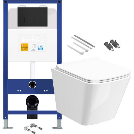 Gloss White Rimless Compact Square Wall Hung Toilet with 1.10m Concealed Cistern Frame Set - Matt Black Plate (1/4)
