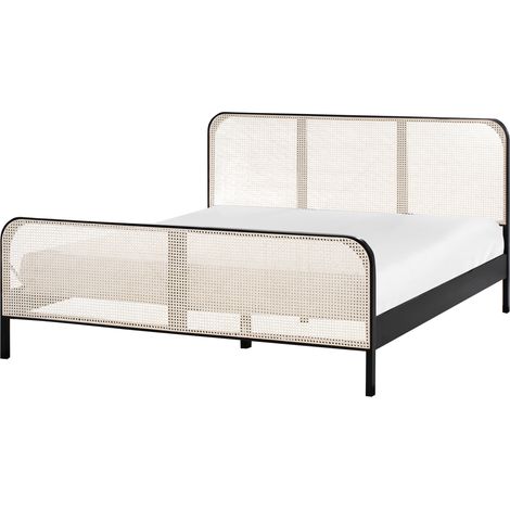 Cama con somier moderna cabecero con trenza vienesa madera de pino negro 180 x 200 cm Gonfaron