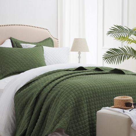 Parure de lit Vert Olive pour Grand lit, Couvre-lit léger et réversible pour Toutes Les Saisons, 3 pièces Vert Militaire (1 Couette, 2 taies d'oreiller) (228,6 x 243,8 cm) (1/5)