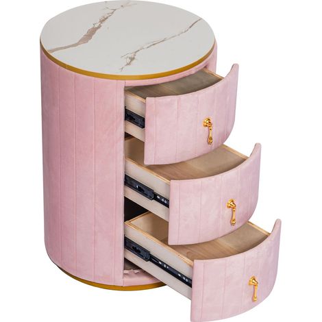 Table de chevet à 3 tiroirs, table de nuit ronde capitonnée en velours avec plateau effet marbre et détails métalliques dorés, meuble de rangement moderne pour chambre et salon, rose