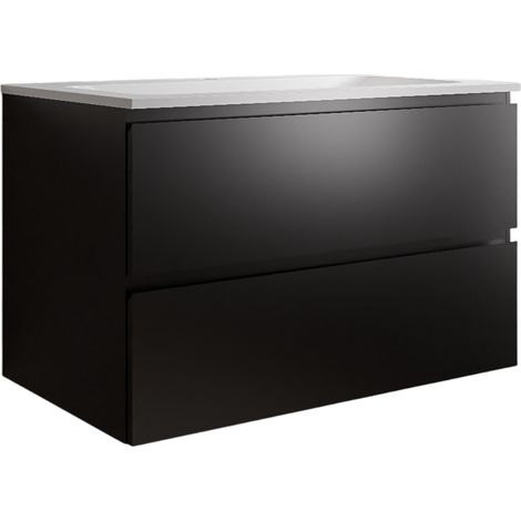 Unterschrank Bernstein AVA 80 cm mit Mineralguss Waschbecken BRUXELLES - Badmöbelfarbe Schwarz matt, Waschbecken Weiß matt ohne Hahnloch