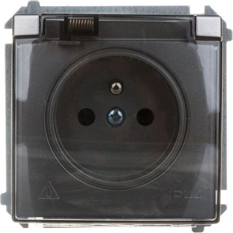 Simon Basic Spritzwassergeschützte Steckdose mit/mit IP44 mit Schienenverschluss und Klappe, Edelstahl BMGZ1Bz.01/21a