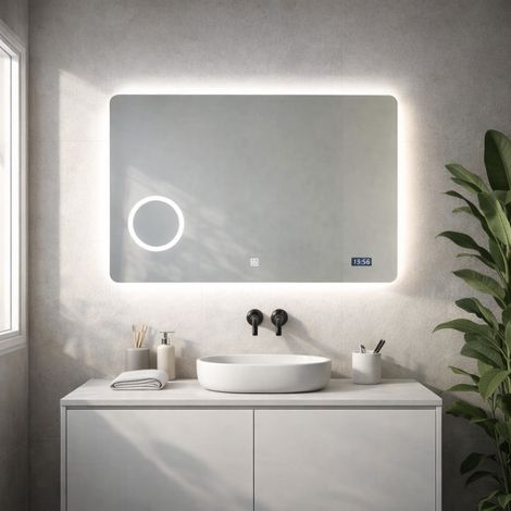 Specchio a led 80x60 touch con orologio digitale e lente ingranditore