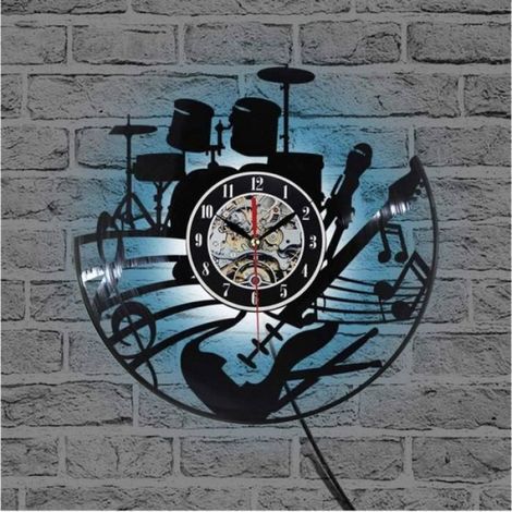 Musique Guitare Vinyle Disque Horloge Murale Design Moderne Art Murale Créative Salon Chambre Décoration Horloge avec LED 12 Pouces (1/4)