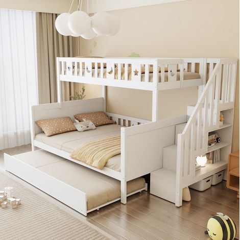 DESVIAE Lit superposé enfant avec lit gigogne et escalier de rangement 90 x 200 140 x 200 blanc en bois massif avec sommier à lattes (1/4)
