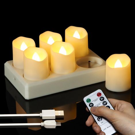 6 Bougies chauffe-plat LED, Rechargeables USB, Télécommande, Minuterie, Intensité variable, Scintillement, Blanc chaud, 4x4.5cm