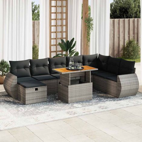 9-tlg. Garten-Sofagarnitur mit Kissen Grau Poly Rattan Akazie vidaXL (1/5)