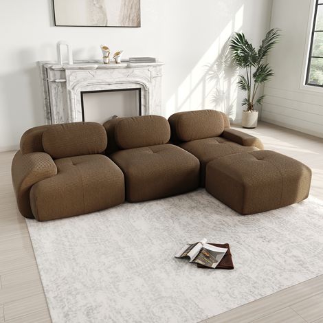 Divano angolare componibile 3 posti in velluto a coste con 1 pouf, elastico 32D, base ergonomica e antiscivolo, 298x178x70cm, marrone