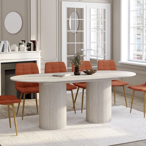 JULIETTE Mesa de comedor extensible ovalada para 6-10 personas con patas cilíndricas efecto listones y tablero efecto travertino (1/5)