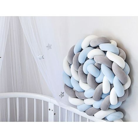 Ecleanfy - Tour de lit en polaire tissée à motif serpent - 3 mètres - Tissu tissé bleu, gris et blanc, coussin protecteur doux. (1/4)