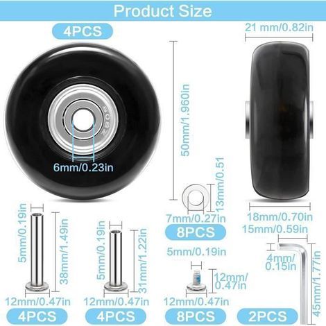 Roulettes de Rechange pour Valise, 4Pcs Bagages Roues de Rechange,50x18 mm Paire de Roues de Rechange de Bagages Valise avec (1/4)