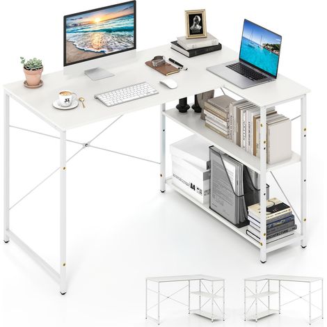 Scrivania per computer a L, scrivania angolare reversibile con ripiano regolabile, tavolo da studio salvaspazio con robusta struttura in metallo, Bianco (1/5)