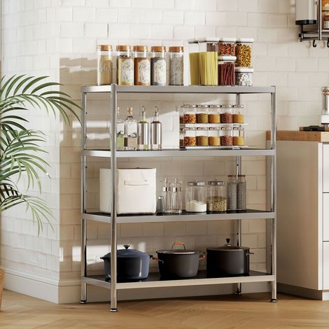 Scaffale in Metallo a 4 Livelli Regolabili su 10 Altezze Diverse, Scaffale da Cucina in Acciaio Inox 201, per Spezie, Pentole e Padelle, 91x40x108 cm, Argento (1/5)