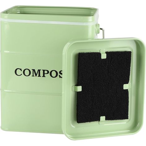 Composteur Cuisine 6L, Poubelle Compost Métal Vert avec Filtre Bac compost cuisine avec couvercle et charbon actif, format comptoir pour épluchures, marc de café et déchets organiques (1/5)