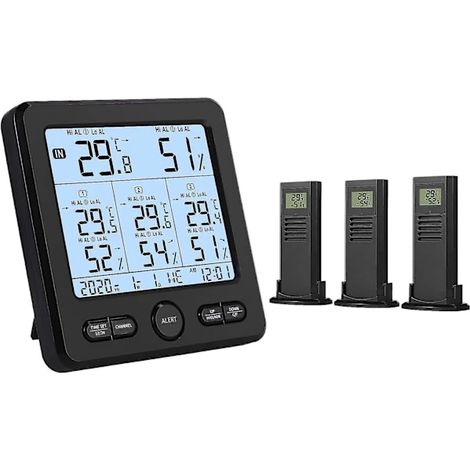 Station météo sans fil avec 3 capteurs extérieurs, thermomètre numérique intérieur/extérieur, hygromètre avec affichage de la température et de l'humidité, fonction d'étalonnage sonore. (1/5)