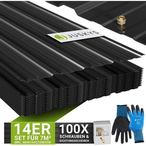 JUSKYS® Profilblech Anthrazit - 14er Set, Verzinkter Stahl, UV-beständig, hohe Tragfähigkeit, mit vorgebohrten Löchern, 110x45 cm, 0,23 mm