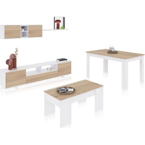 Pack salón con mesa de centro y mesa de comedor Kenzo Max V2B Blanco Brillo - Roble Canadian (ancho) x 46cm (alto)