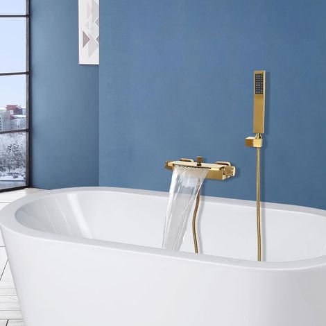 Robinet de cascade de baignoire murale, robinet de baignoire doré mural, eau chaude et froide réglable, drain de cascade + opération manuelle (1/5)