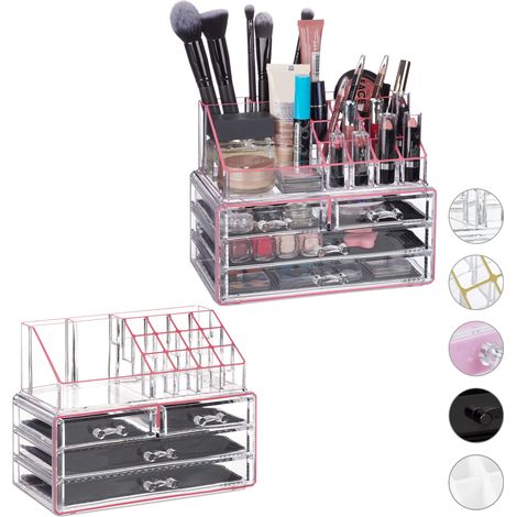 2x Organiseurs cosmétiques, 2 parties, rangement, acrylique, emplacements porte-crayons, tiroirs, rose/transparent (1/5)