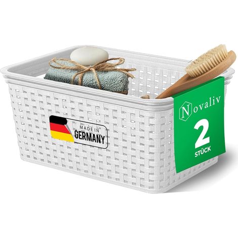 Panier de rangement élégant Novaliv 2 pièces aspect rotin Plastique blanc 5L Parfait pour la salle de bain et le rangement des vêtements. Boîte