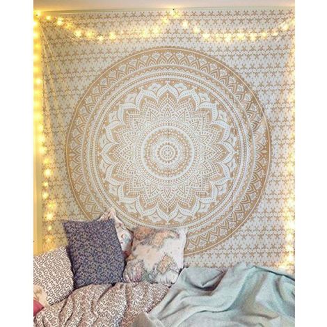 Tapisserie murale Mandala or et blanc - Décoration ethnique à impression manuelle - 210cm x 150cm (1/4)