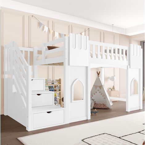 Lit mezzanine 90x200 cm en bois blanc avec escalier de rangement, fenêtres et sommier à lattes (1/5)