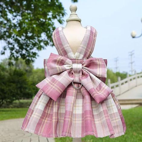 Kariertes Hundekleid, Fliege, Geschirr und Leine, Set für kleine Hunde, Katzen, Mädchen, hübsche Hunde-Prinzessinkleider, Frühling (1/4)