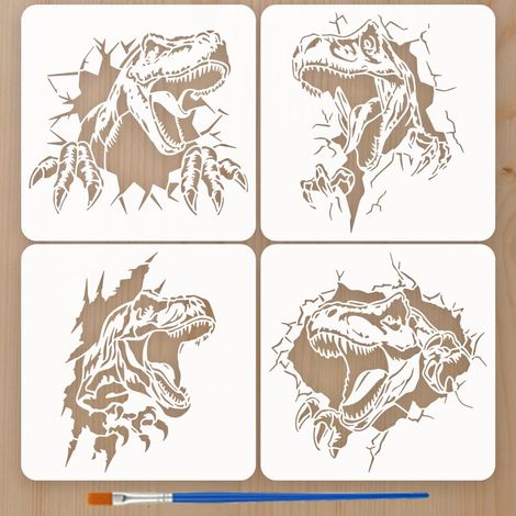 4 Pièces Pochoirs de Peinture de Motif de Dinosaure avec Pinceau 15x15cm Gabarit de Tyrannosaure des Temps Préhistoriques Pochoir Break Down The Wall Artisanat DIY Gabarit Thème Animal (1/5)