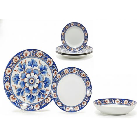 Servizio Piatti 18 Pezzi in Porcellana Decorata Corinzia – Stile Classico Floreale Blu e Terracotta – Piatto Piano Fondo Frutta – Servizio Tavola Elegante per 6 Persone