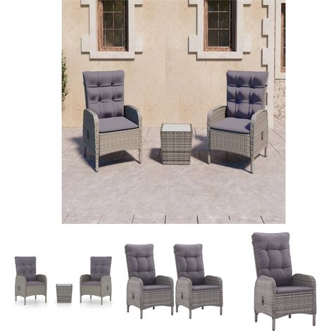 The Living Store -  3-tlg. Bistro-Set Poly Rattan und Glas Grau (1/5)