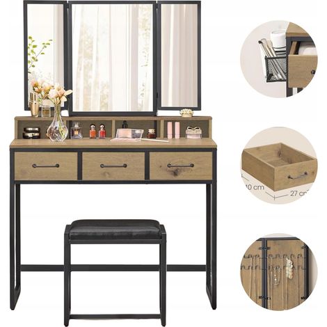 Tavolo da trucco artigianale con specchio nero, pouf, porta asciugacapelli e cassetti.