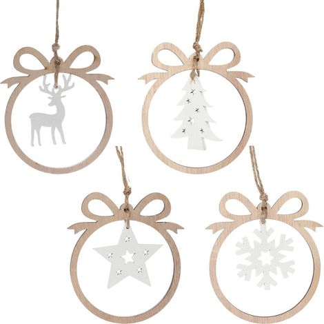 Weihnachtsdekoration – 4er-Set Holzanhänger: Durchbrochener Weihnachtsbaum, fünfzackiger Stern, verschneiter Elch, winterliche Tischdekoration, Partyzubehör (1/5)