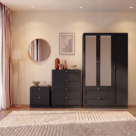 Altino 3 Piece Bedroom Set with 2 Drawer Bedside, 4 Drawer Chest, 3 Door 2 Drawer Wardrobe, Black (1/4)