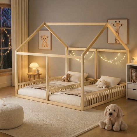 DESMIU Lit cabane Lit double 2 places avec barrières de sécurité, 90 × 200 cm et 90 × 200 cm, sans matelas (1/5)
