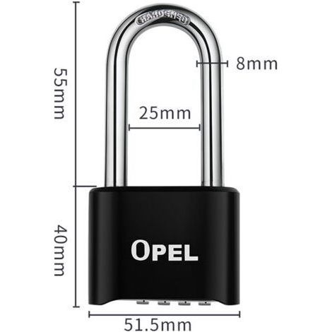 Cadenas Code 4 Chiffres, 52mm Cadenas Extérieur Etanche, Robuste et Antivol, 8mm Loquet Cadenas à CombinaisonNoir, faisceau long-50mm (1/4)