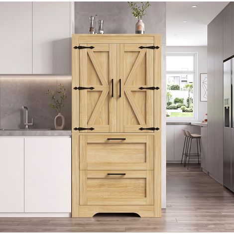 Credenza da cucina in stile country con 2 cassetti e ripiani regolabili, legno naturale DESVIAE (1/5)