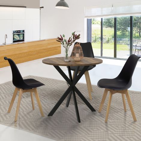 Mesa de comedor redonda ALIX con tablero HAWKINS para 2-4 personas, madera oscura y pata de araña negra 80 cm