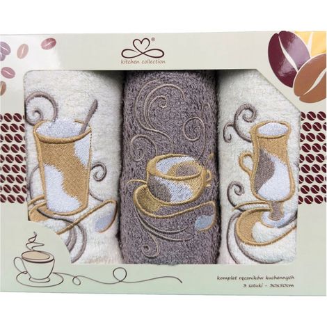 Juego de paños de cocina "Kuchcik" con estampado de tazas, 30x50 cm, color beige y crudo.