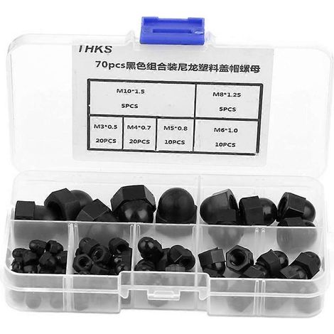 70 Stück M3/M4/M5/M6/M8/M10 Nylon-Hutmuttern-Set mit Domkopf-Sechskantmuttern (Schwarz)