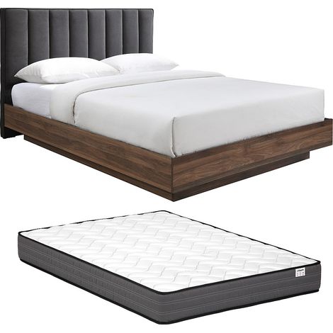 Letto 160 x 200 cm con testata in tessuto Grigio e naturale scuro + Materasso – VONYLA