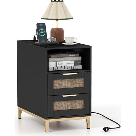 Nachttisch mit Ladestation, 2 Schubladen, Rattan & Holz