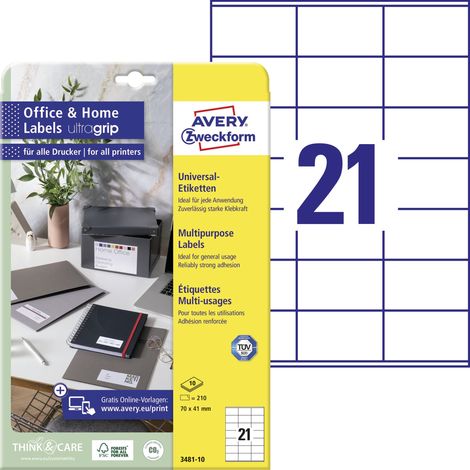 Avery Zweckform 3481-10 Etiketten, Home Office, Kleinpackung, A4 mit ultragrip, Adressaufkleber, 70 x 41 mm, 10 Bogen/210 Etiketten, weiß (1/5)