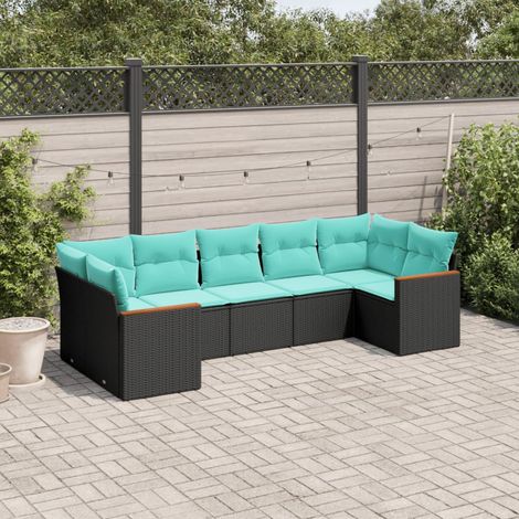 7-teiliges Gartensofa-Set mit Kissen, schwarzes Polyrattan (1/5)