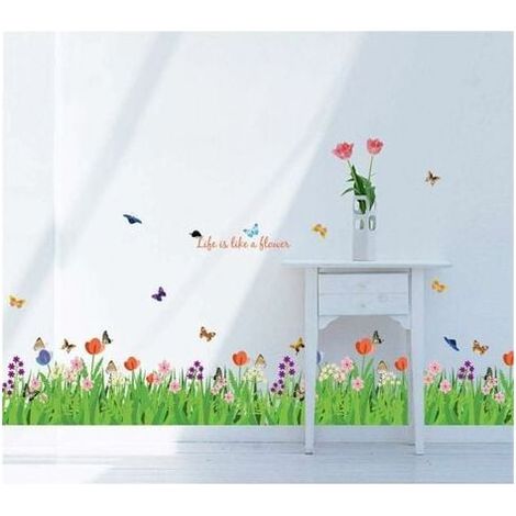Stickers muraux Vert Herbe Fleurs avec Papillons Autocollant Décoratif pour Coin Mur Décor Enfants Chambre Plinthe Salon (1/4)