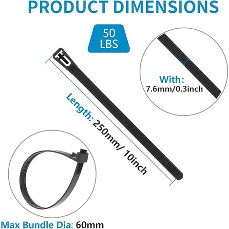 7.6 mm x 250 mm serre câbles réutilisables en nylon Plastique Colliers Serre-Cable Résistant aux UV (noir) (1/4)