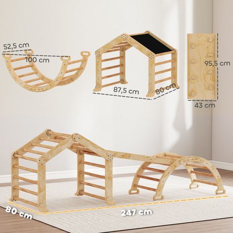 Structure d'escalade et jeu 9-en-1 pour bambin, avec rampe, glissoire, échelle et ardoise, en bois naturel, idéale pour salle de jeux et motricité. (1/5)