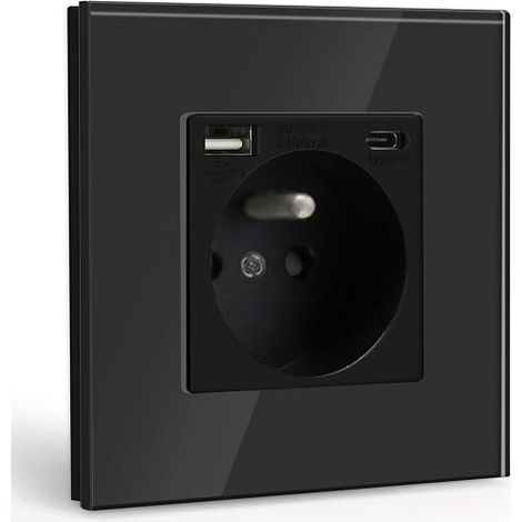 Socket with USB and 1 Socket with Type C, 16A AC Power Socket with Glass Panel, Suitable for Smartphone, Tablet (Black) (1/5)