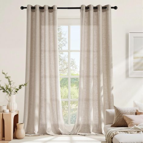 Rideau Voilage Lin - Rideaux en Lin Draperies Filtre de Lumière Décoration de Fenetre Maison Chambre Salon Porte avec Oeillets, L140xH245cm, Lot de 2, Beige (1/5)
